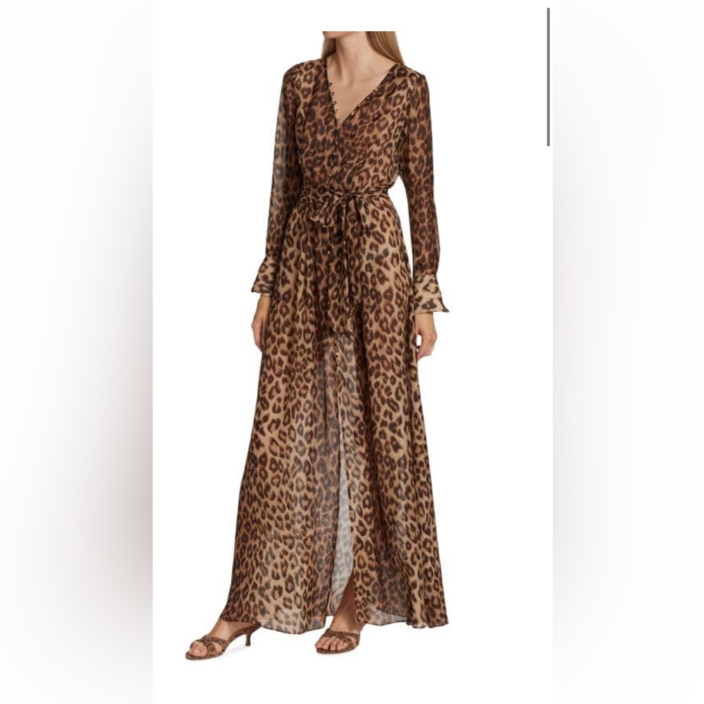 L'AGENCE Leopard Print Long Sleeve Wrap Maxi Dress in Brown